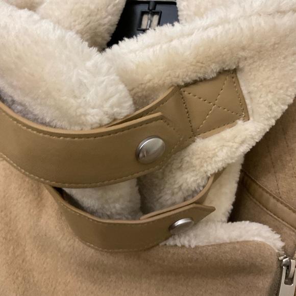 Zara Faux Fur Shearling and Suede Aviator Bomber Jacket Tan Beige Medium - Picture 9 of 13